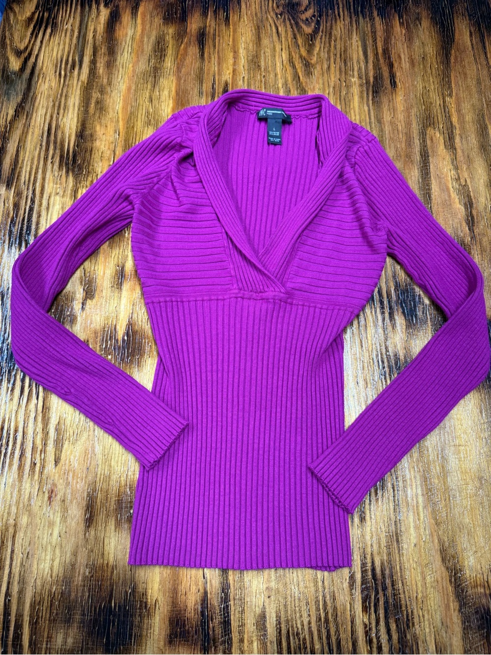 INC International Concepts Women's Ribbed V-Neck Sweater - Magenta